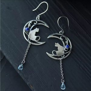 Silver titanium kitty cat moon blue stone dangle boho earrings new